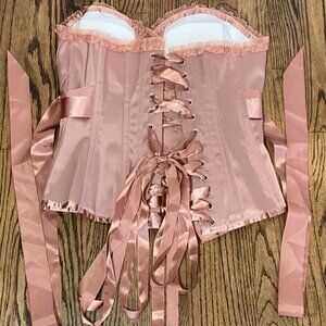 Corset Story Rose Gold Halterneck Overbust Ribbon Corset Steel Boned UK 14 US 10